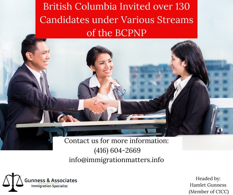 British Columbia Invited over 130 Candidates under Various Streams of the BC PNP On July 5, 2022, British Columbia held new invitation rounds under the British Columbia Provincial Nominee Program (BC PNP). In the BC PNP Tech, the province invited 100 candidates in the 29 eligible Tech occupations. The lowest score of the round was 85 points. In the Childcare-targeted draw for early childhood educators (NOC 4214), the province invited 21 candidates.  In the Healthcare-targeted draw, BC invited 7 candidates. Additionally, BC targeted less than 5 candidates under other targeted occupations. The lowest score in those draws was 60 points. In total, the province invited about 133 candidates. So far, British Columbia has already issued about 4,573 ITAs including 1,814 candidates under the BC PNP Tech. You first need to be eligible for the BC PNP, Find out if you are eligible   Get a free assessment Once you are eligible you can create an online profile. you can be invited to one of the BC PNP draws, If your score is higher than the cut-off you may be called. Click here to join our newsletter and get up-to-date news on BCPNP. Features related to the Streams of the BC PNP The following attributes are checked before sending ITAs: Language skills Level of education and place of completion Work experience duration and skill level Occupation Intention to live and work in any part of British Columbia Skill level of job offer and wage Are you looking to Migrate to Canada? Speak to a Canadian Immigration Specialist at Gunness & Associates. Tel: (416) 604-2669 Email: info@test2.immigrationmatters.info All rights reserved ©2022 Gunness & Associates