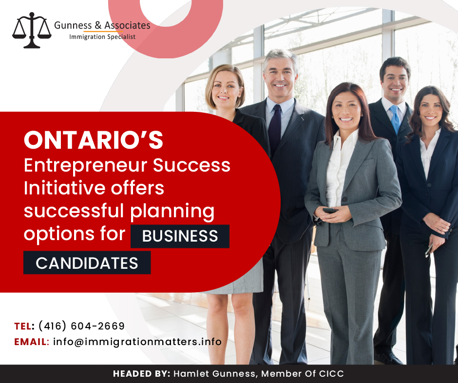 The Ontario Immigrant Nominee Program (OINP) offers new options for succession planning under the Entrepreneur Success Initiative, as many business owners plan to retire in the next five years. The Entrepreneur Success Initiative is a two-year pilot program designed to assist 100 candidates in applying to the OINP Entrepreneur Stream and establishing or purchasing a new business in Ontario. Immigrant entrepreneurs and professionals with international experience bring unique skills to Ontario that are essential for fostering economic growth. Their knowledge, global expertise, innovative insights, and impressive qualifications have helped the province advance significantly. What is an Entrepreneur Success Initiative? The Ontario Immigrant Nominee Program (OINP) enables individuals with the qualifications required in regard to education, skills, and experience to submit an application for nomination as permanent residents of Ontario. The OINP's Entrepreneur Stream is for entrepreneurs from outside of Canada who want to start a new business in Ontario or purchase and expand an existing one. The OINP Entrepreneur Success Initiative (OINP-ESI) will assist prospective immigrant businesses in creating and submitting Entrepreneur Stream applications. The initiative's objective is to draw and support 100 new applications. The OINP Enterprise Success Initiative OINP-ESI will be administered for two years by the Toronto Business Development Centre (TBDC). OINP Entrepreneur Success Initiative Services offered by the OINP Entrepreneurs Success Initiative (OINP-ESI) include: locate potential locations for new and expanding businesses outside of the Greater Toronto Area (GTA). To increase awareness among entrepreneurs, market the Entrepreneur Stream and business opportunities internationally. Support qualified business owners who want to open a new company or acquire an established company in areas outside of the Greater Toronto Area. based on their businesses, personal interests, and professional experience, match qualified entrepreneurs with business opportunities and communities. help qualified businesses in creating and submitting EOIs of the highest quality to the Entrepreneur Stream. assist EOI registrants who get a call for applications to create and send strong applications to the Entrepreneur Stream. Want to know more details about “Ontario’s Entrepreneur Success Initiative offers successful planning options for business candidates” you can contact one of our immigration specialists at Gunness & Associates. Tel: (416) 604-2669 Email: info@test2.immigrationmatters.info Gunness & Associates has helped thousands of people successfully immigrate to Canada with their families. Our skilled and experienced immigration experts have the expertise to accurately examine your case and advise you on the best method of proceeding to best serve your needs. For honest and straightforward advice, contact the experts at Gunness & Associates. Get a free Assessment Join our newsletter and get up-to-date immigration news Click here All rights reserved ©2022 Gunness & Associate