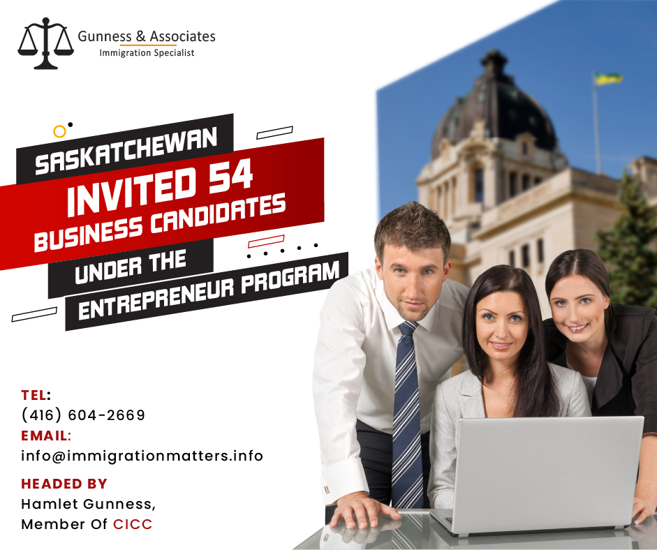 On March 2, 2023, the Saskatchewan Immigrant Nominee Program (SINP) conducted the second invitation round in the Entrepreneur Program 2023. In this round, SINP invited 54 candidates, four more than on January 5. This round's highest Expression of Interest (EOI) score was 135 points.  The average score was 95 points. The lowest score was 80. In 2023, Saskatchewan invited 525 candidates under all streams, including 104 entrepreneurs What is EOI in SINP?  The EOI is an expression of your interest in the SINP; it is not an application. By submitting information about your experience, assets, and a Company Formation Plan, you can express an interest in operating a business and residing in Saskatchewan (BEP). Applicants who meet the eligibility requirements will be accepted to the candidate pool for the EOI. EOIs are scored and ranked after submission using the Points Grid. Saskatchewan Entrepreneur Program  The Saskatchewan Entrepreneur stream is one of the streams of the Saskatchewan Immigrant Nominee Program (SINP), a Provincial Nominee Program (PNP), and is operated by the province of Saskatchewan. This stream is designed for senior business managers or experienced business owners who want to live in Saskatchewan. Skilled applicants need to start a new business or buy an established business where they take part in day-to-day management duties. The entrepreneur may be nominated for permanent resident status after operating a Saskatchewan business for at least 6 months. Want to know more details about “Saskatchewan invited 54 business candidates under the Entrepreneur Program” you can contact one of our immigration specialists at  Gunness & Associates. Tel: (416) 604-2669  Email: info@test2.immigrationmatters.info Gunness & Associates has helped thousands of people successfully immigrate to Canada with their families. Our skilled and experienced immigration experts have the expertise to accurately examine your case and advise you on the best method of proceeding to best serve your needs. For honest and straightforward advice, contact the experts at Gunness & Associates. Get a free Assessment  Join our newsletter and get up-to-date immigration news Click here All rights reserved ©2022 Gunness & Associate